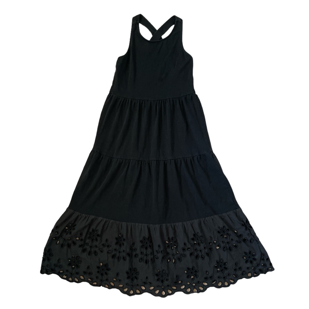 J. CREW Women’s Black Tiered Ruffle Cotton Maxi Dress With Eyelet Trim S…